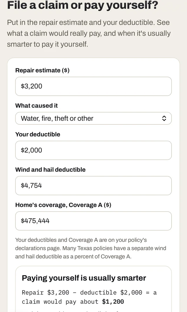 File a claim or pay yourself: a $3,200 repair against a $2,000 deductible, and why paying yourself is usually smarter