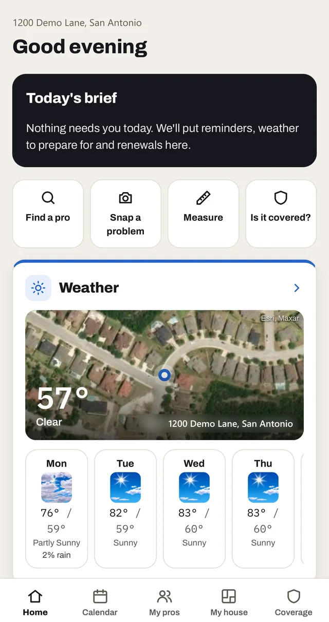 My Home dashboard: today's brief, quick actions, and the weather card with a satellite view of the home and a 7-day forecast