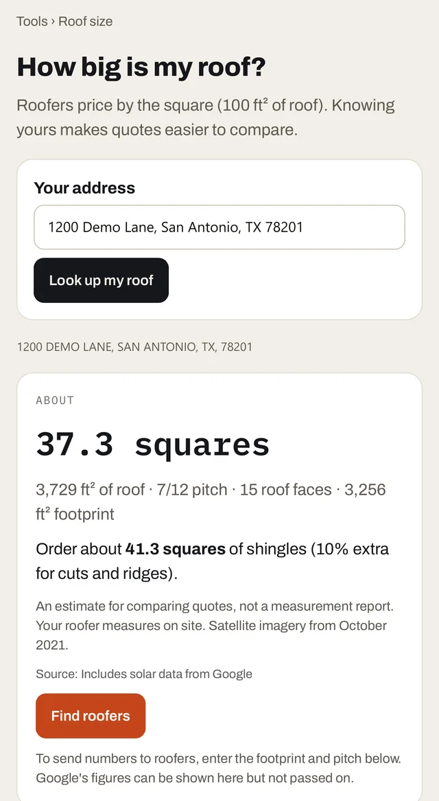 Roof size tool: about 37.3 squares, 7/12 pitch, 15 roof faces, order about 41.3 squares of shingles